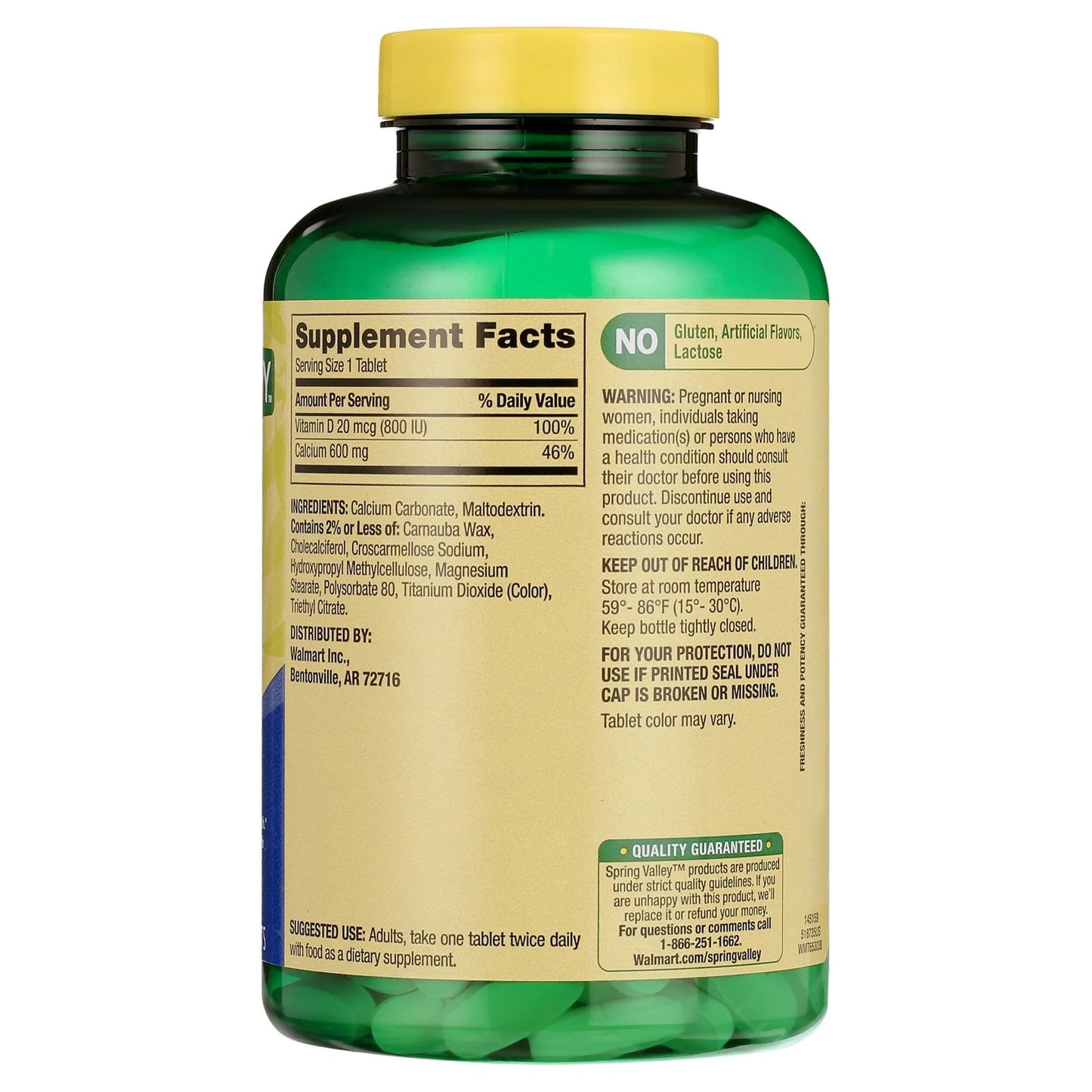 Spring Valley Calcio + Vitamina D3 600 mg 250 Tabletas