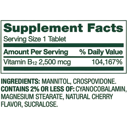 Spring Valley Vitamina B12 2.500 mcg 120 Tabletas Masticables